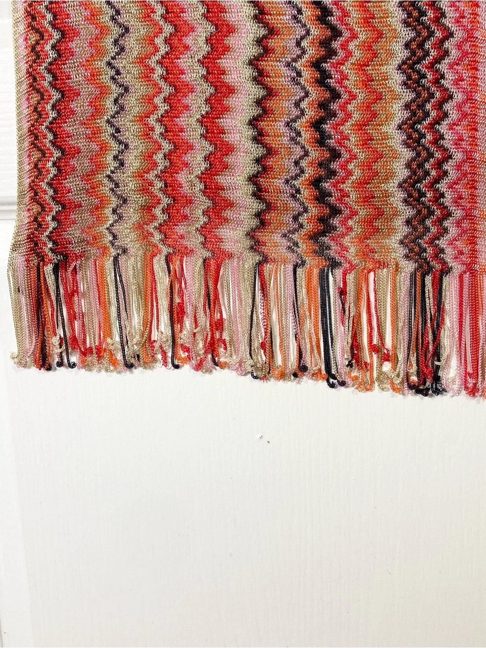 MISSONI Scarf 12.5”x76”ITALY Chevron ZigZag Silver-Lyrics Fringe Knit Multicolor